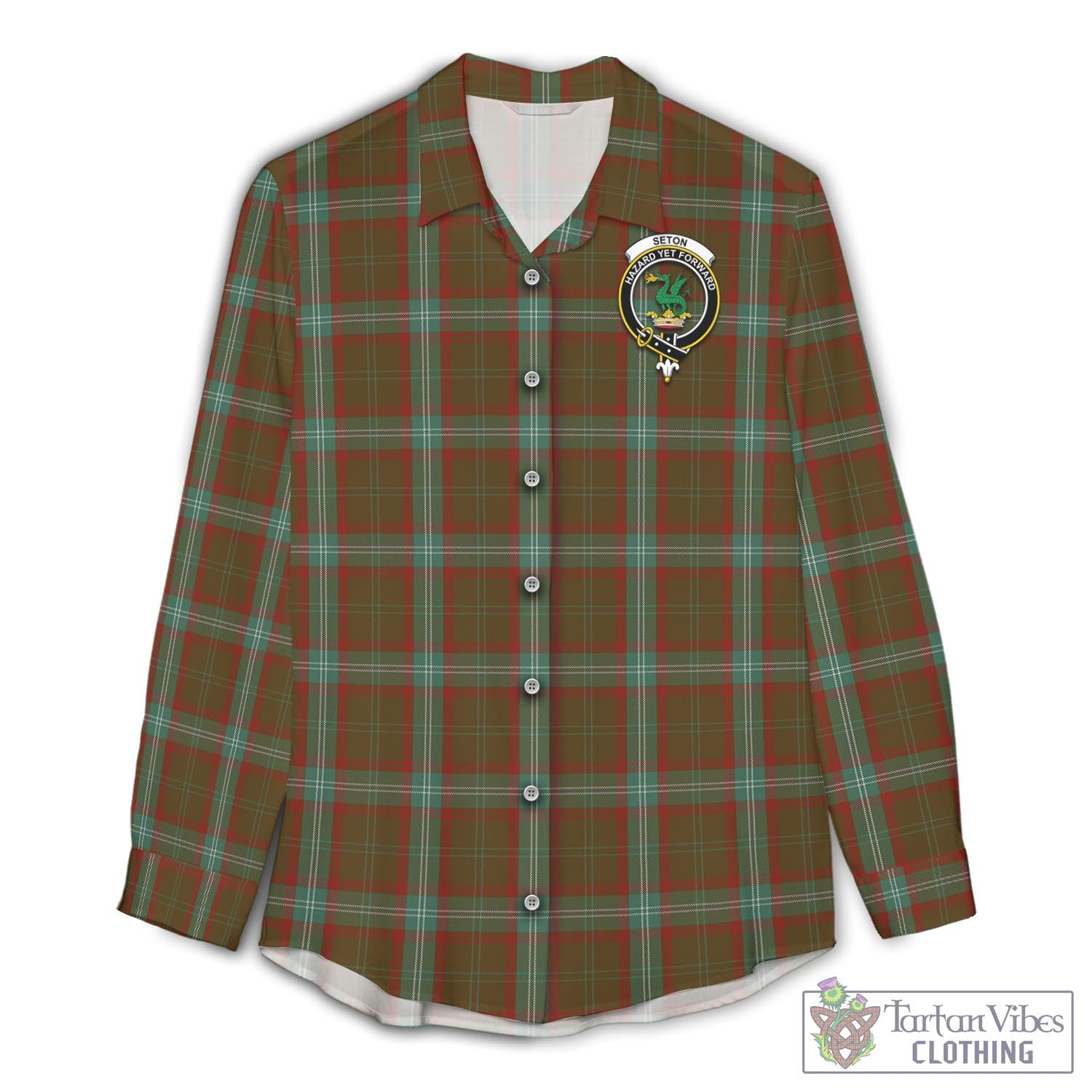 Tartan Vibes Clothing Seton Hunting Tartan Womens Casual Shirt with Family Crest