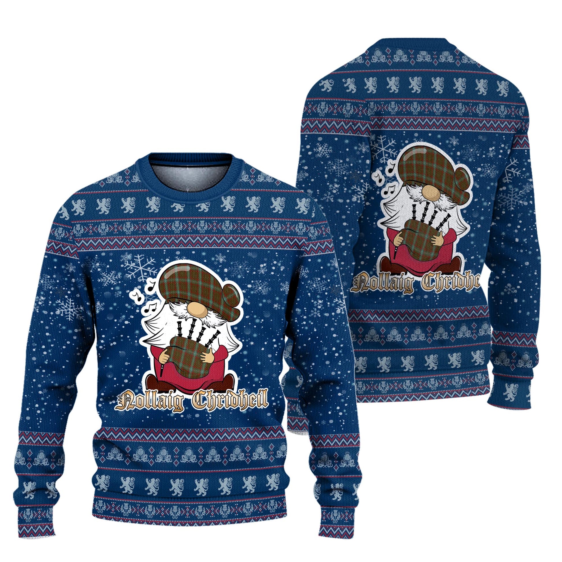 Seton Hunting Clan Christmas Family Knitted Sweater with Funny Gnome Playing Bagpipes Unisex Blue - Tartanvibesclothing