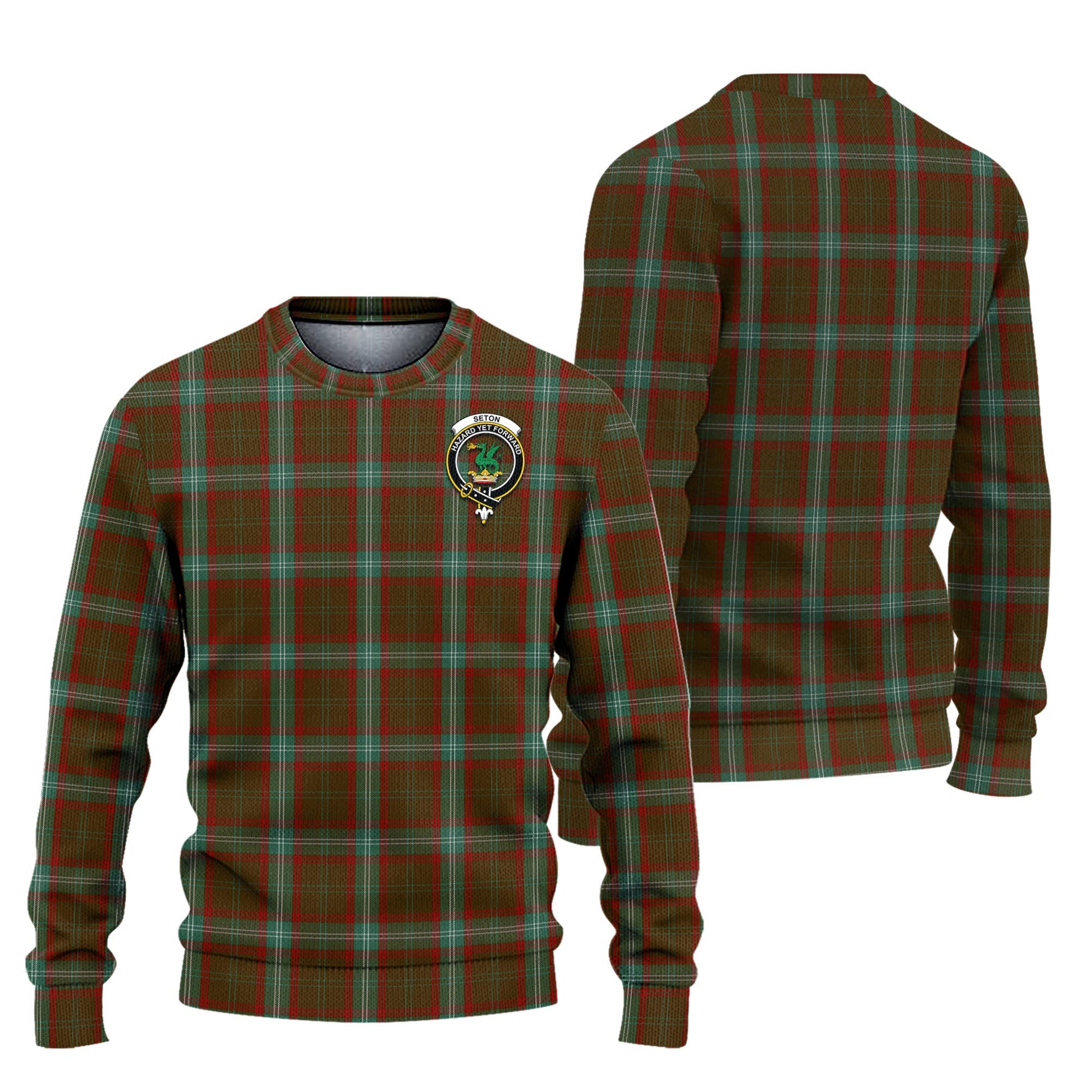Seton Hunting Tartan Knitted Sweater with Family Crest Unisex - Tartanvibesclothing