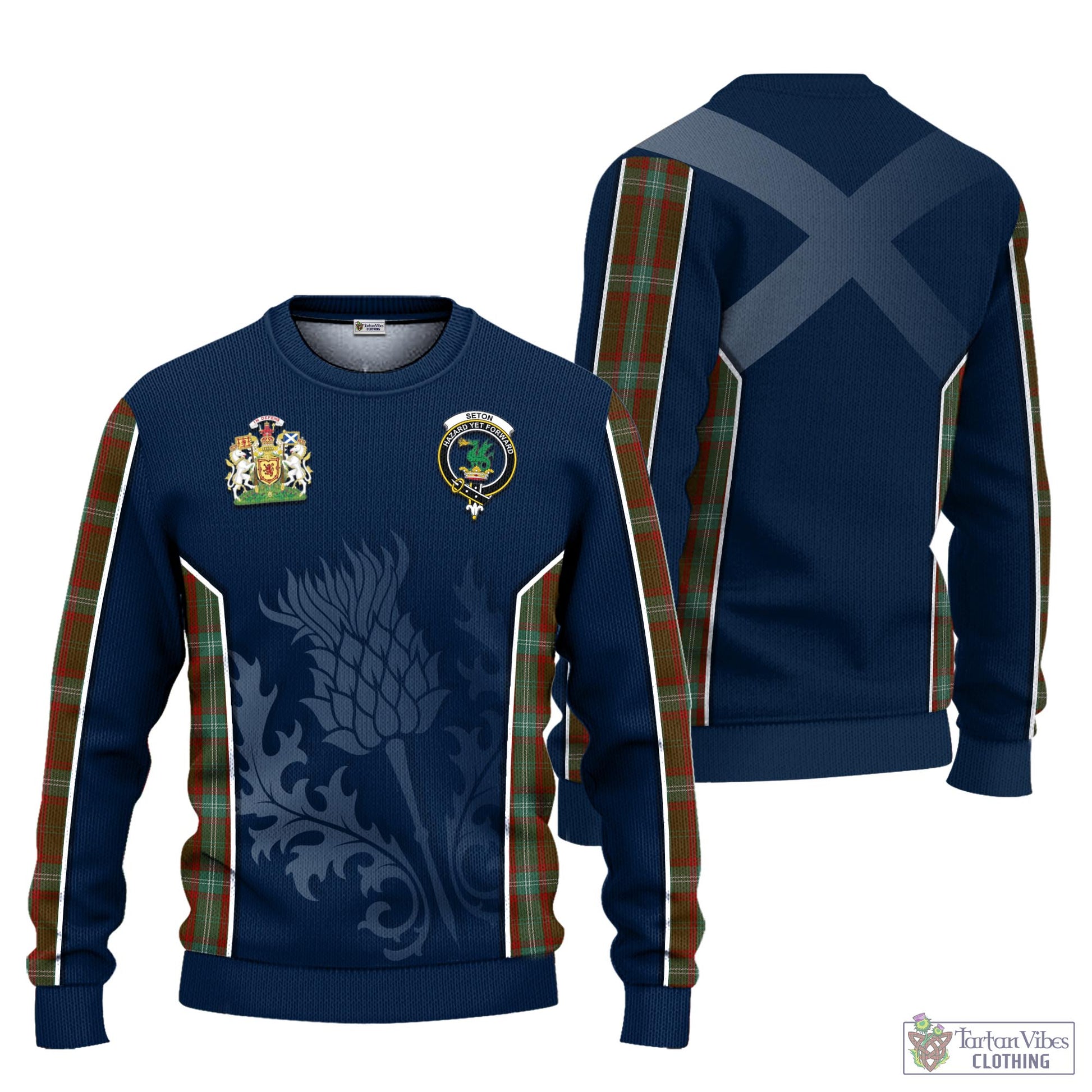 Tartan Vibes Clothing Seton Hunting Tartan Knitted Sweatshirt with Family Crest and Scottish Thistle Vibes Sport Style