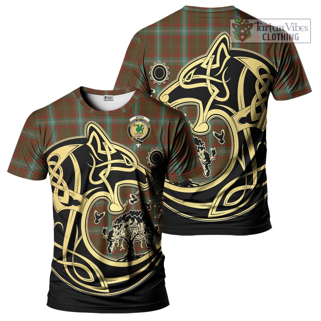 Tartan Vibes Clothing Seton Hunting Tartan T-Shirt with Family Crest Celtic Wolf Style