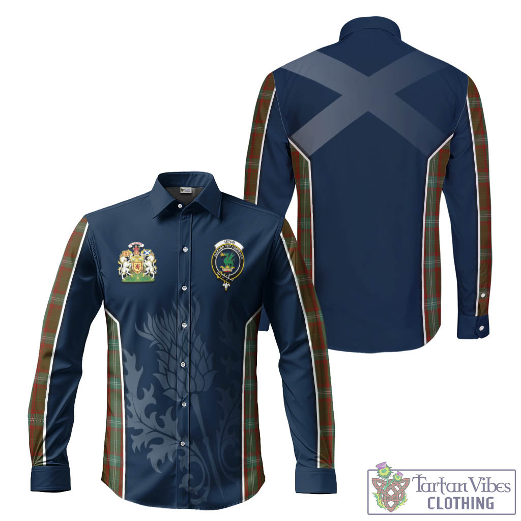 Tartan Vibes Clothing Seton Hunting Tartan Long Sleeve Button Up Shirt with Family Crest and Scottish Thistle Vibes Sport Style