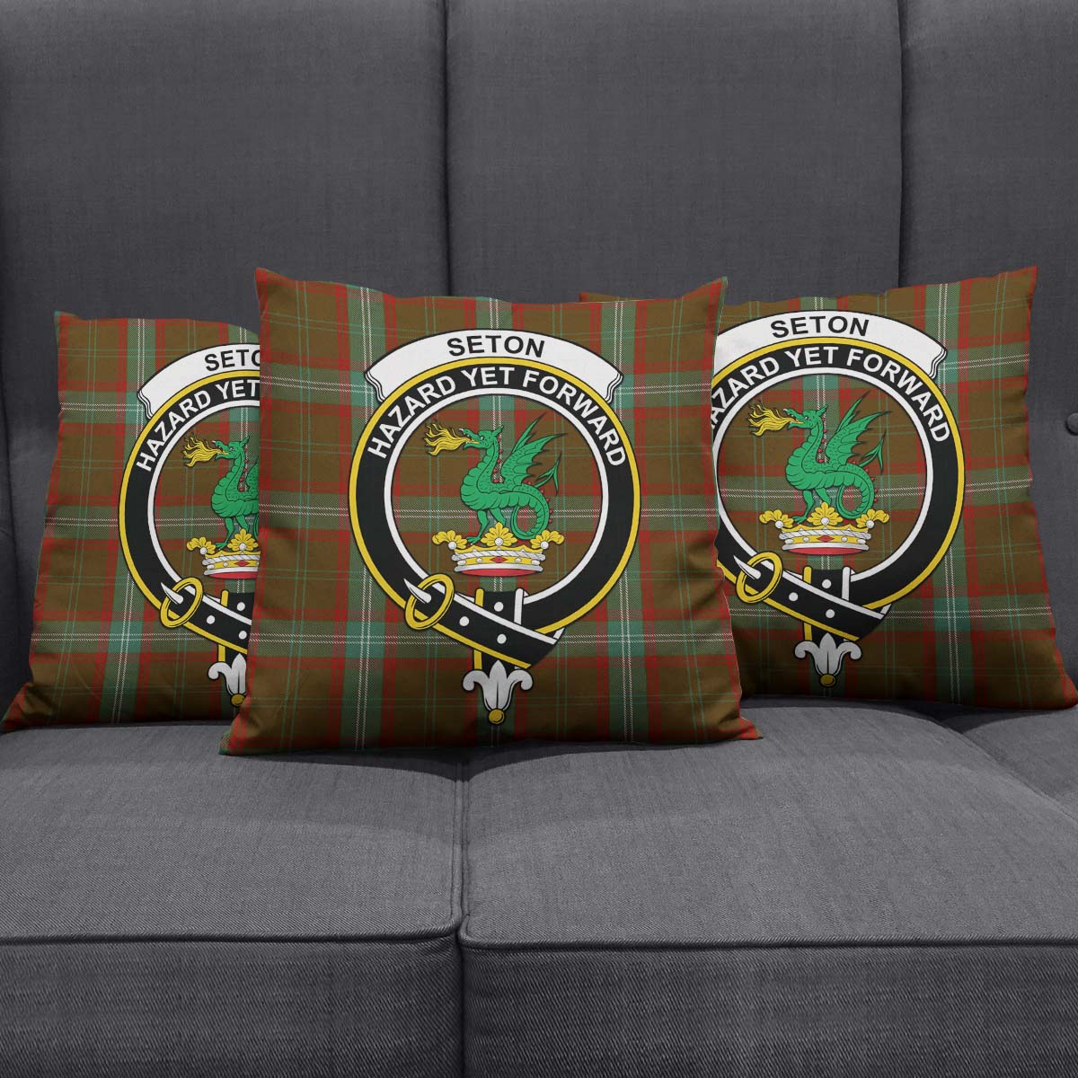 Seton Hunting Tartan Pillow Cover with Family Crest Square Pillow Cover - Tartanvibesclothing