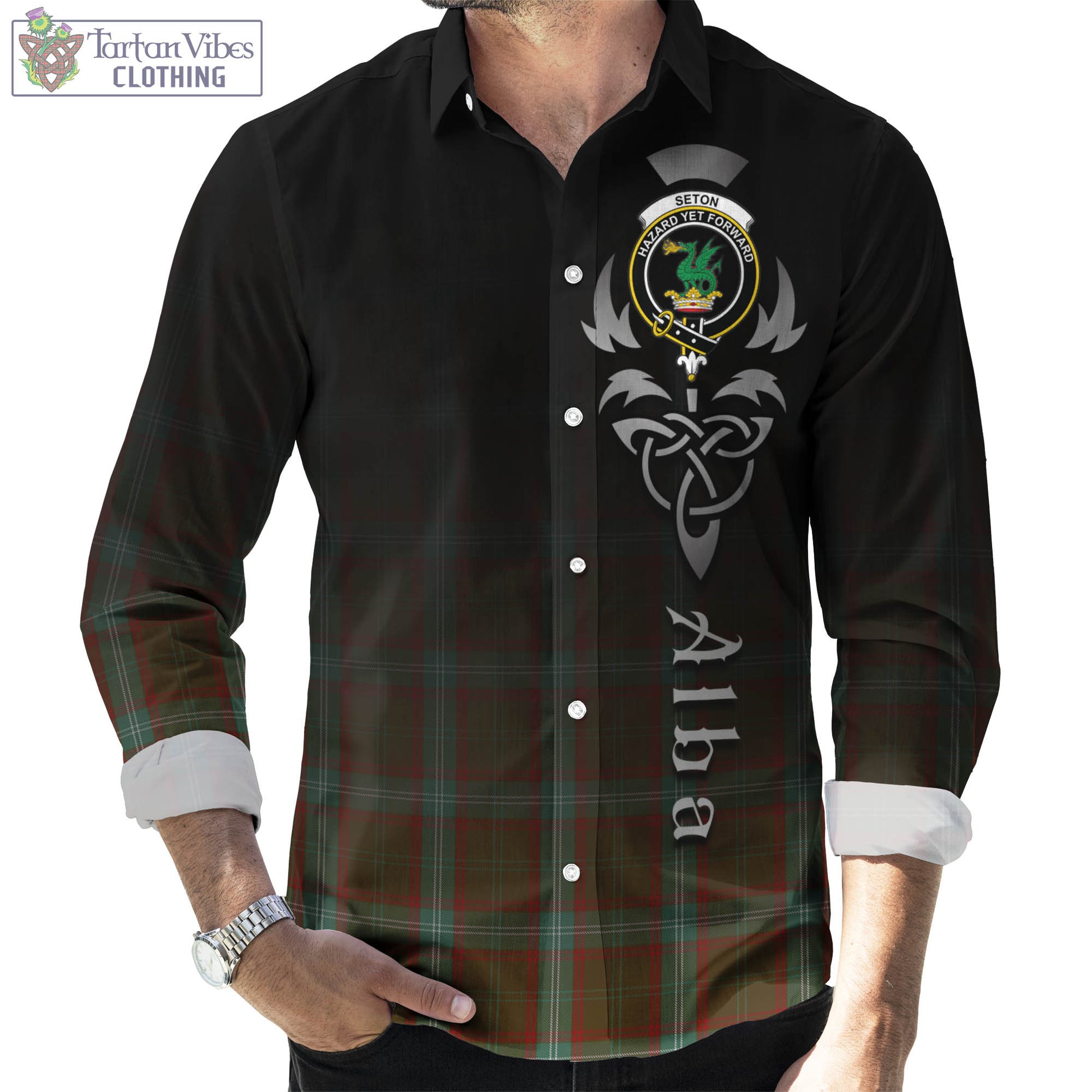 Tartan Vibes Clothing Seton Hunting Tartan Long Sleeve Button Up Featuring Alba Gu Brath Family Crest Celtic Inspired