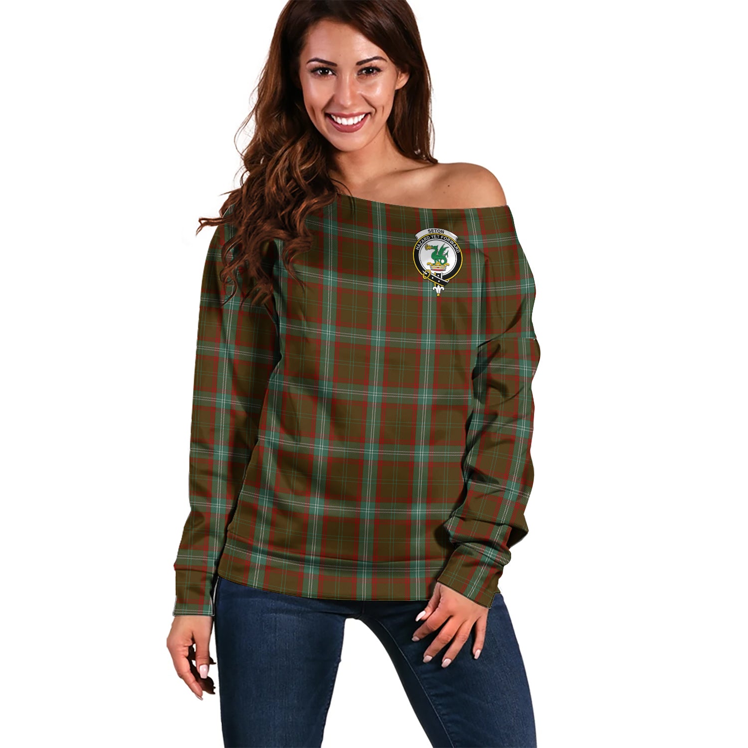 Seton Hunting Tartan Off Shoulder Women Sweater with Family Crest Women - Tartanvibesclothing Shop