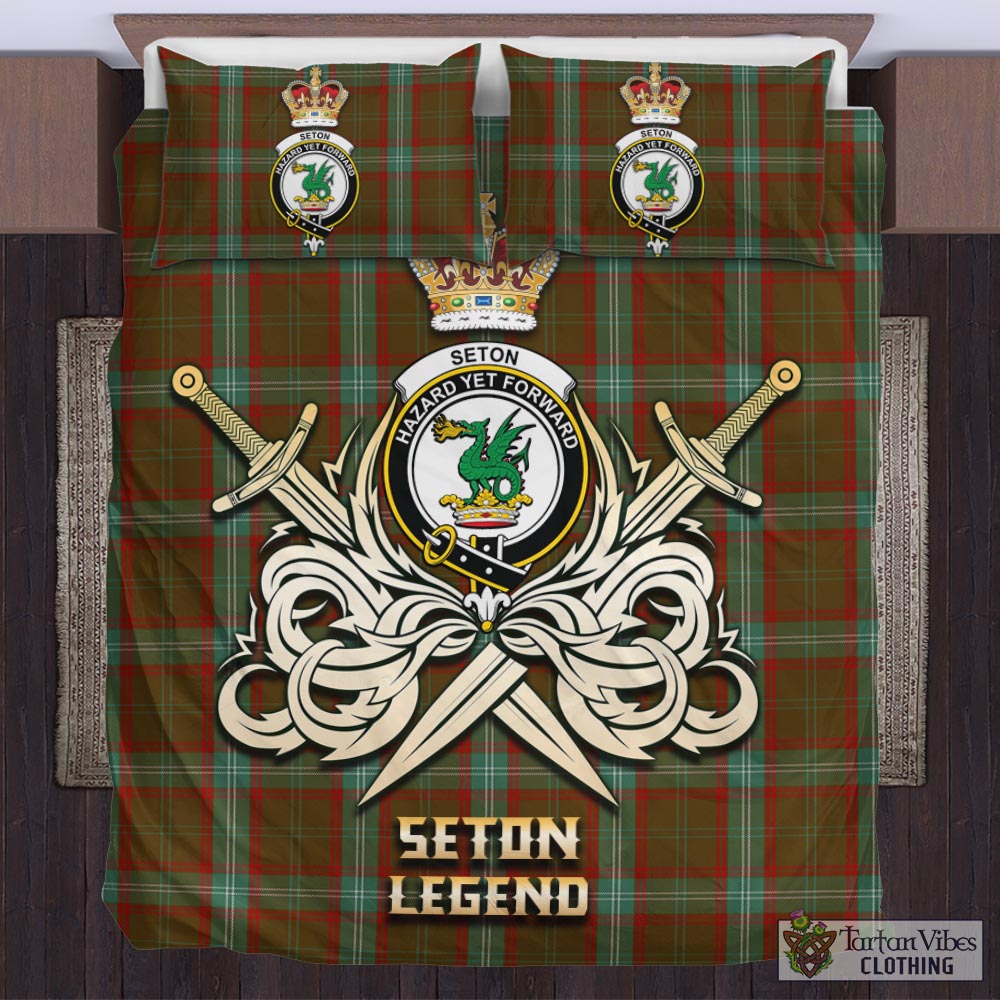 Tartan Vibes Clothing Seton Hunting Tartan Bedding Set with Clan Crest and the Golden Sword of Courageous Legacy