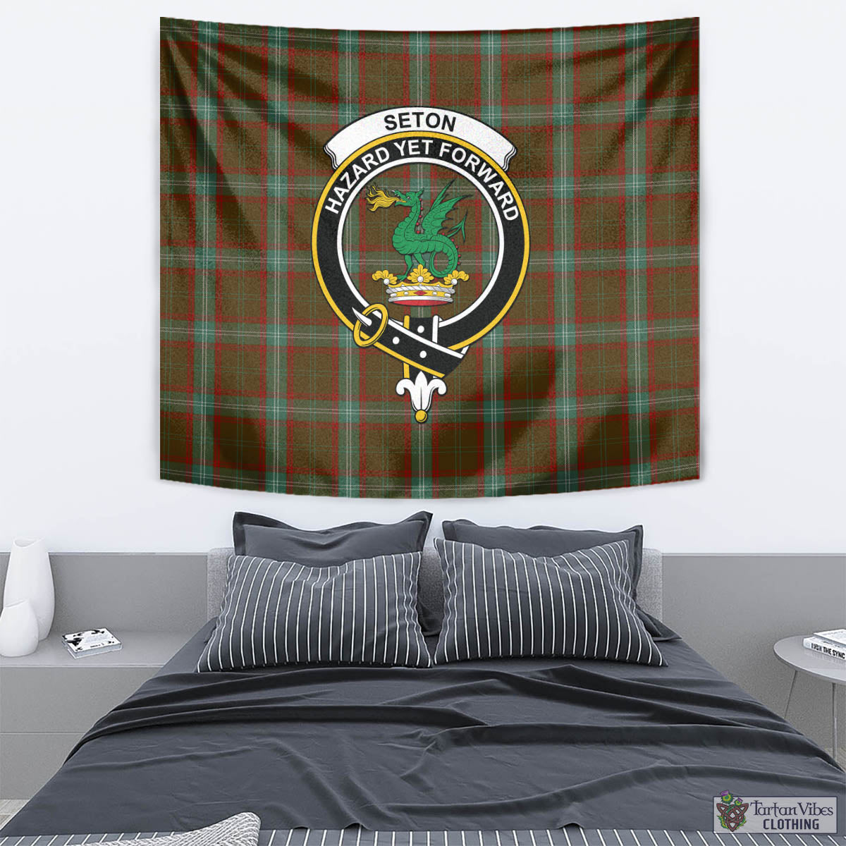 Tartan Vibes Clothing Seton Hunting Tartan Tapestry Wall Hanging and Home Decor for Room with Family Crest