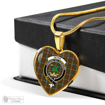 Seton Hunting Tartan Heart Necklace with Family Crest