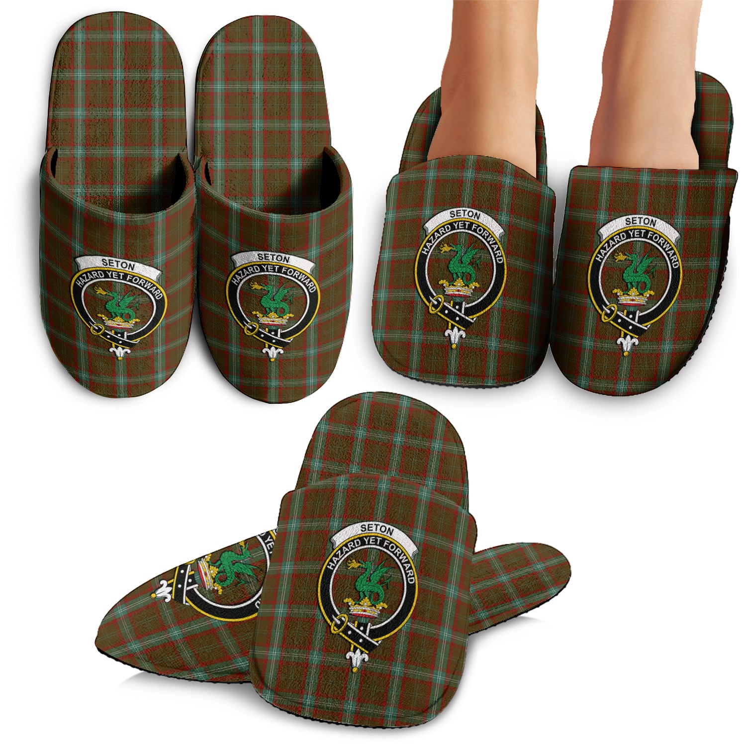 Seton Hunting Tartan Home Slippers with Family Crest - Tartanvibesclothing Shop