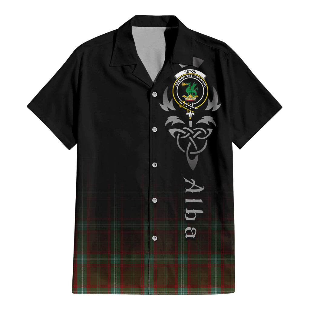 Tartan Vibes Clothing Seton Hunting Tartan Short Sleeve Button Up Featuring Alba Gu Brath Family Crest Celtic Inspired