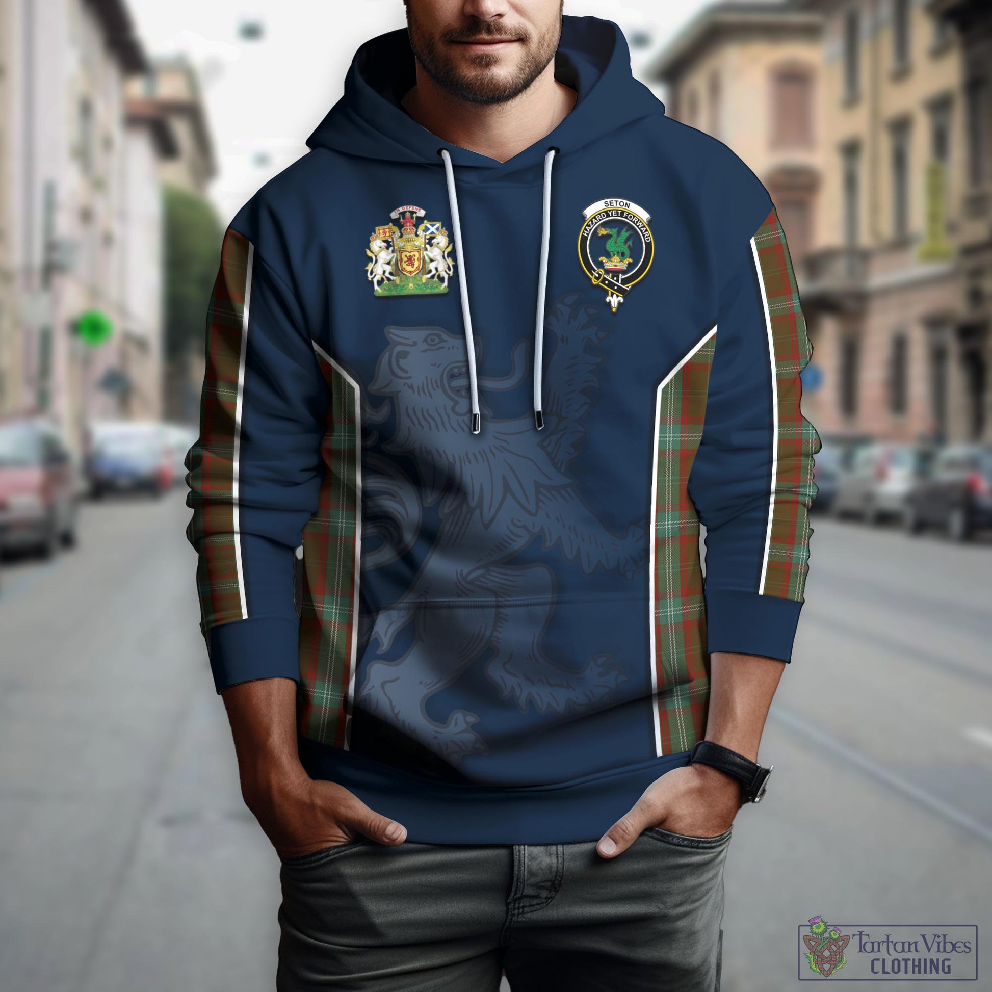 Tartan Vibes Clothing Seton Hunting Tartan Hoodie with Family Crest and Lion Rampant Vibes Sport Style