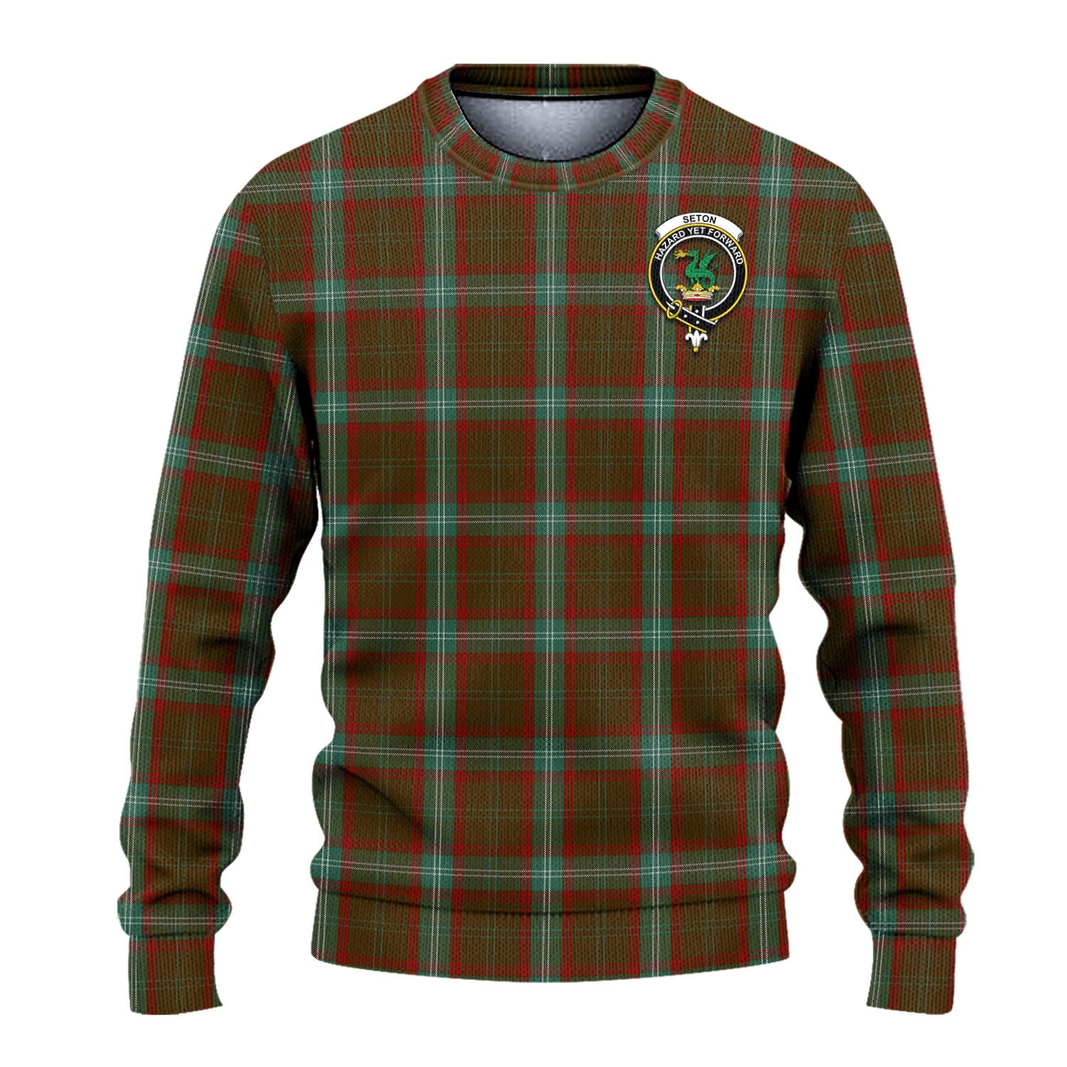 Seton Hunting Tartan Knitted Sweater with Family Crest - Tartanvibesclothing