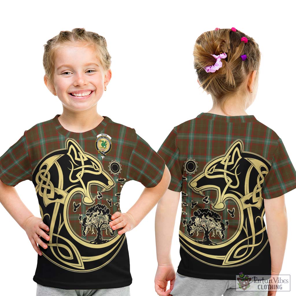 Tartan Vibes Clothing Seton Hunting Tartan Kid T-Shirt with Family Crest Celtic Wolf Style