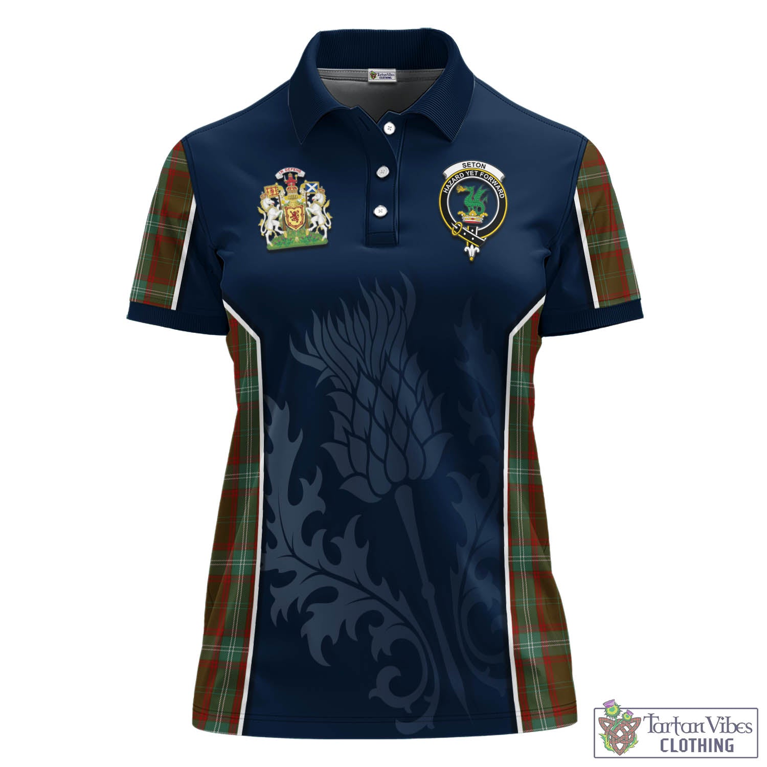 Tartan Vibes Clothing Seton Hunting Tartan Women's Polo Shirt with Family Crest and Scottish Thistle Vibes Sport Style