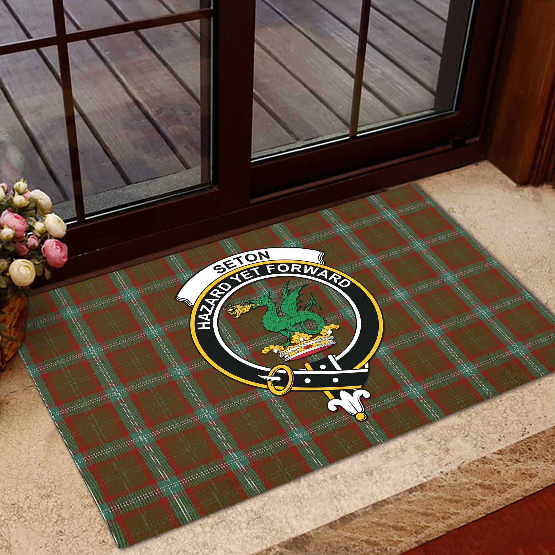 Seton Hunting Tartan Door Mat with Family Crest - Tartanvibesclothing Shop