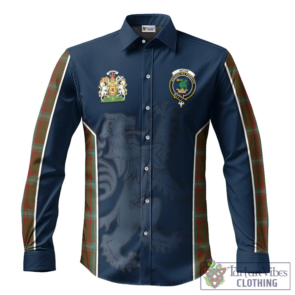 Seton Hunting Tartan Long Sleeve Button Up Shirt with Family Crest and Lion Rampant Vibes Sport Style