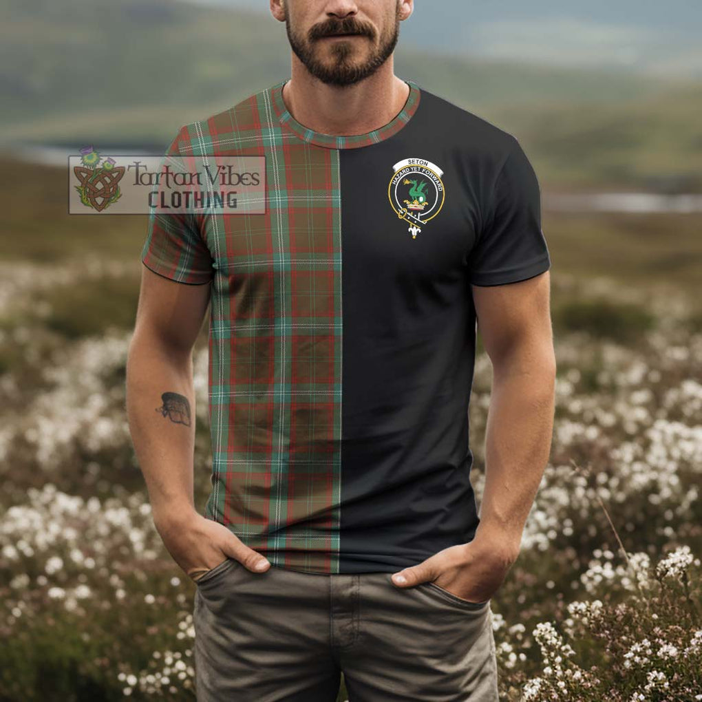 Seton Hunting Tartan T-Shirt with Family Crest and Half Of Me Style - Tartanvibesclothing Shop