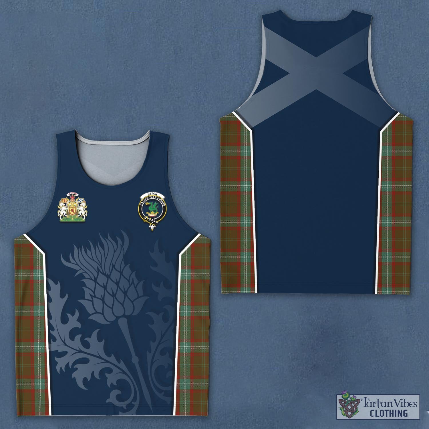 Tartan Vibes Clothing Seton Hunting Tartan Men's Tanks Top with Family Crest and Scottish Thistle Vibes Sport Style