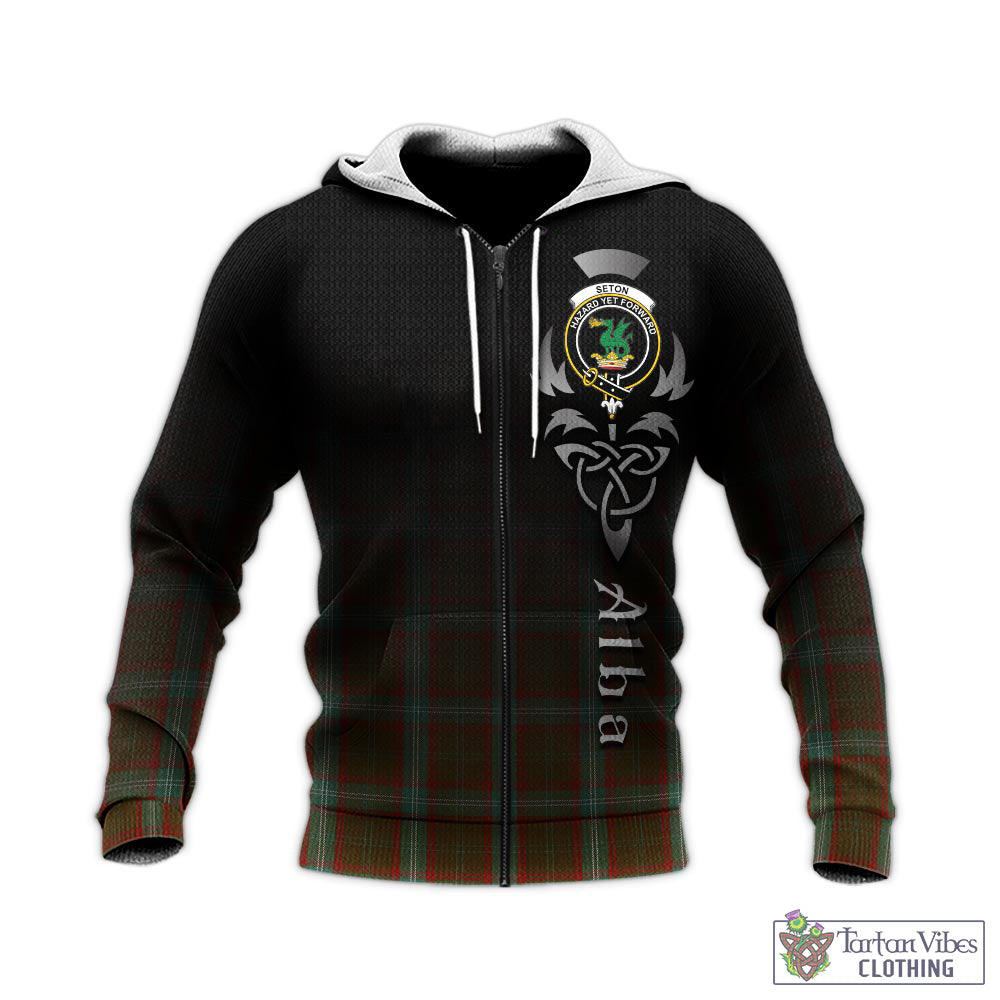 Tartan Vibes Clothing Seton Hunting Tartan Knitted Hoodie Featuring Alba Gu Brath Family Crest Celtic Inspired