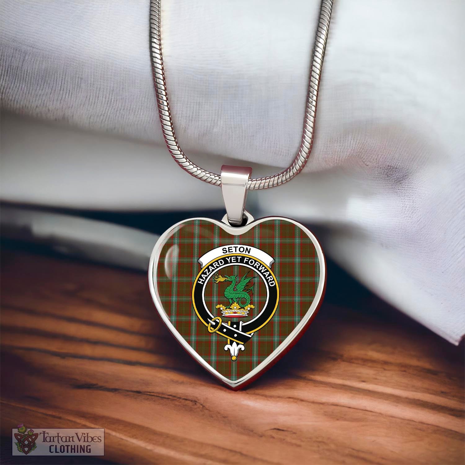 Tartan Vibes Clothing Seton Hunting Tartan Heart Necklace with Family Crest