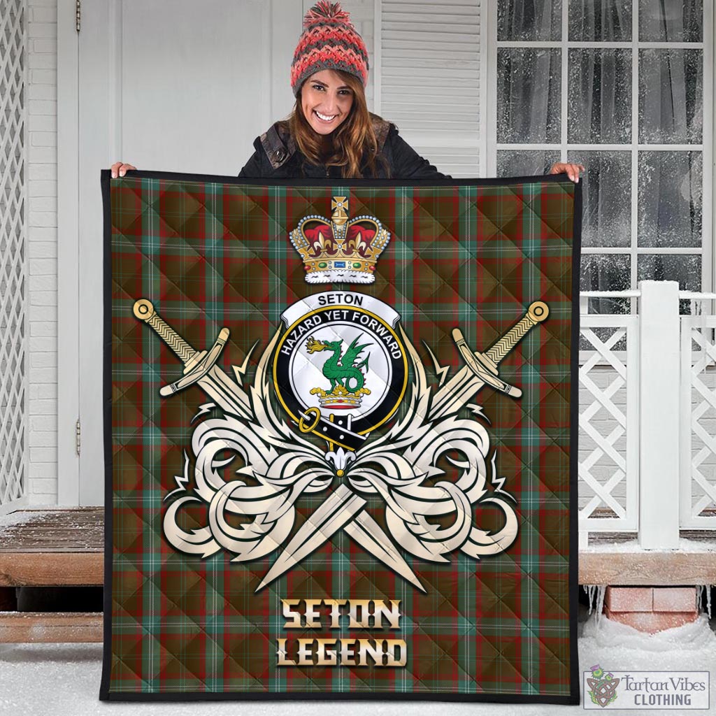 Tartan Vibes Clothing Seton Hunting Tartan Quilt with Clan Crest and the Golden Sword of Courageous Legacy