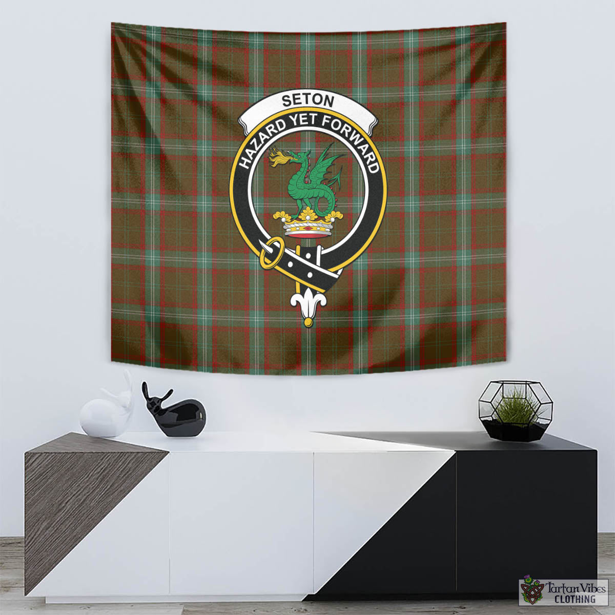 Tartan Vibes Clothing Seton Hunting Tartan Tapestry Wall Hanging and Home Decor for Room with Family Crest