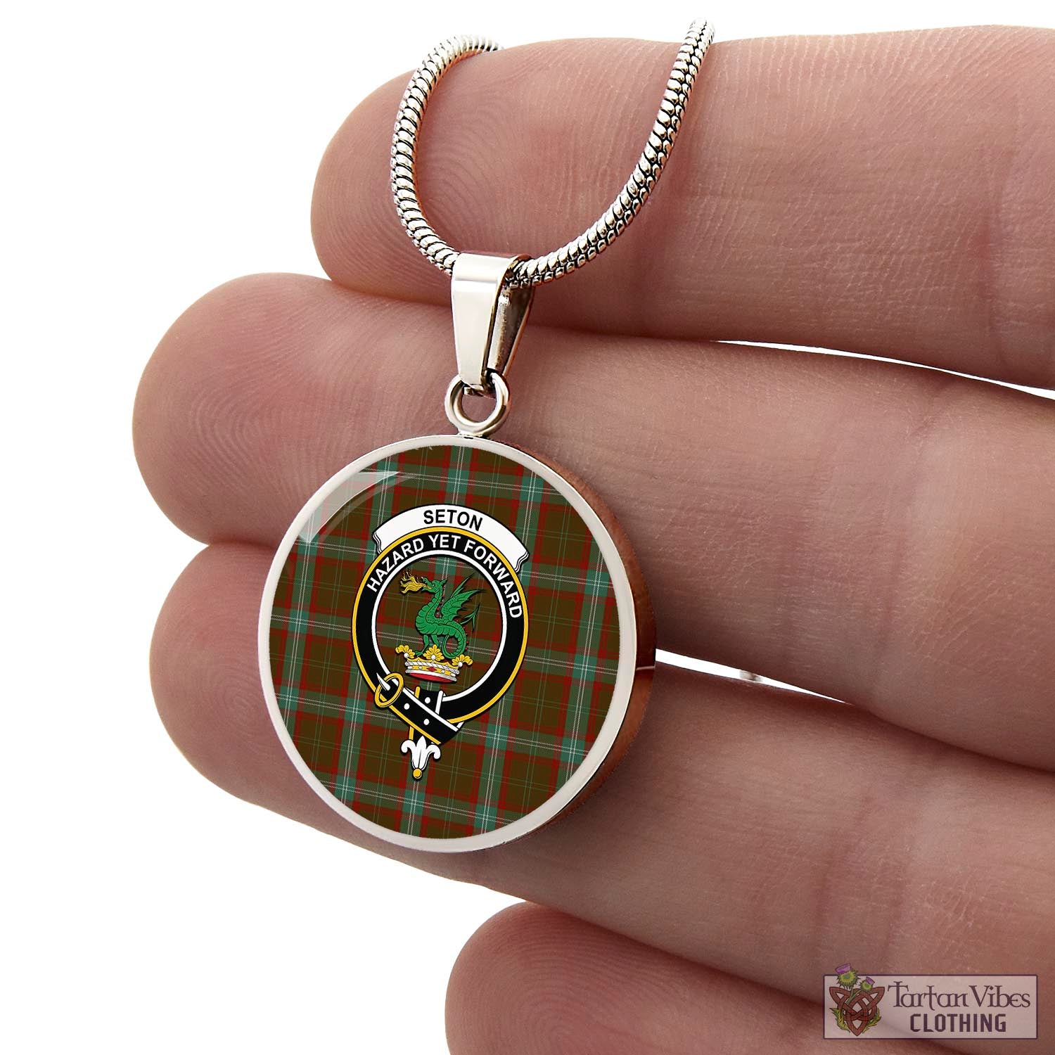 Tartan Vibes Clothing Seton Hunting Tartan Circle Necklace with Family Crest