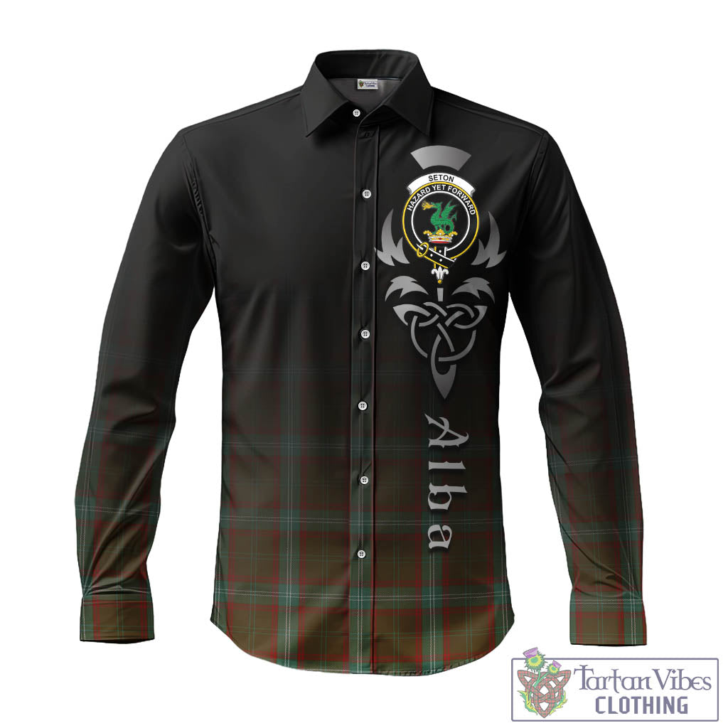 Tartan Vibes Clothing Seton Hunting Tartan Long Sleeve Button Up Featuring Alba Gu Brath Family Crest Celtic Inspired