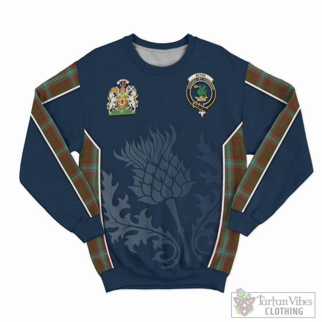 Tartan Vibes Clothing Seton Hunting Tartan Sweatshirt with Family Crest and Scottish Thistle Vibes Sport Style