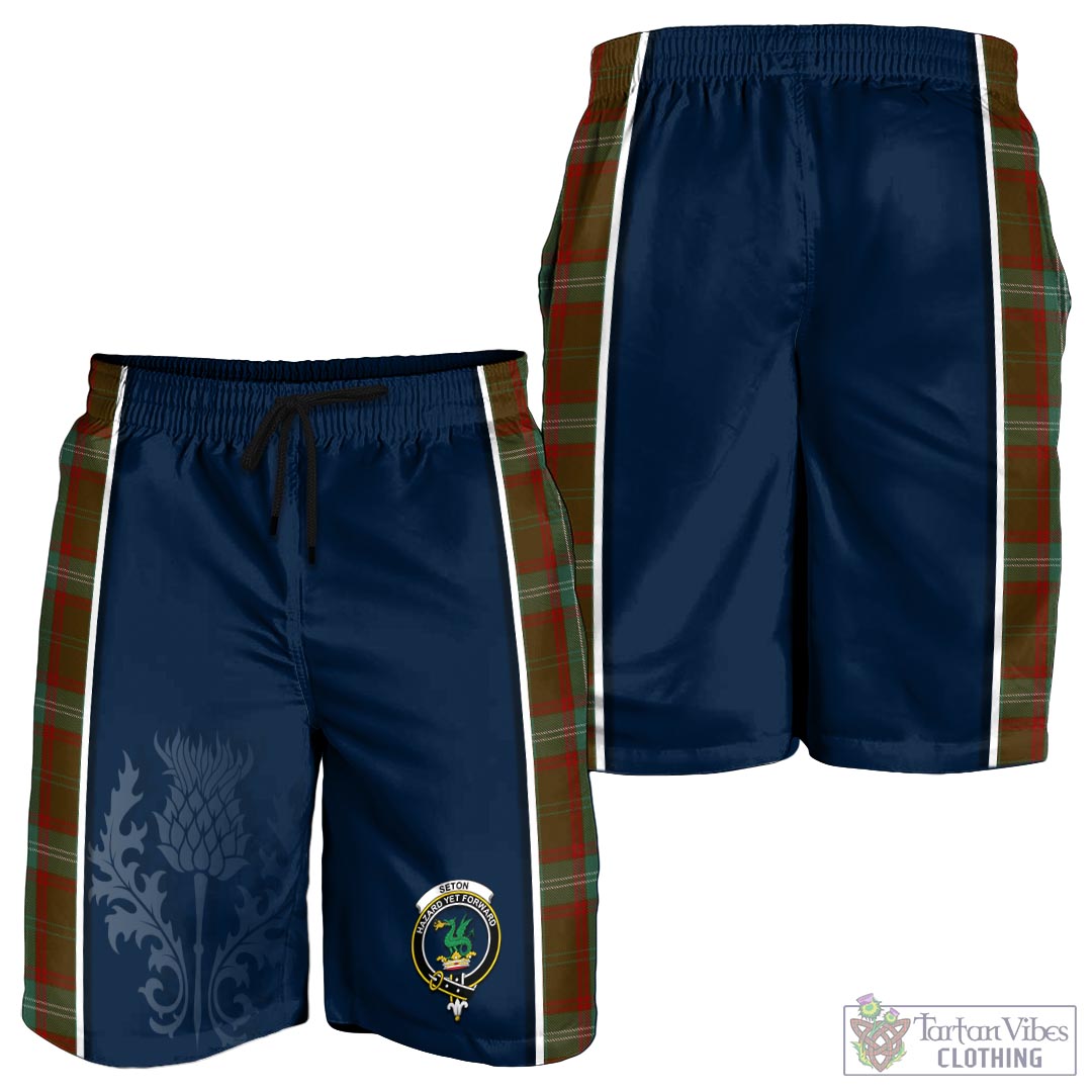 Tartan Vibes Clothing Seton Hunting Tartan Men's Shorts with Family Crest and Scottish Thistle Vibes Sport Style