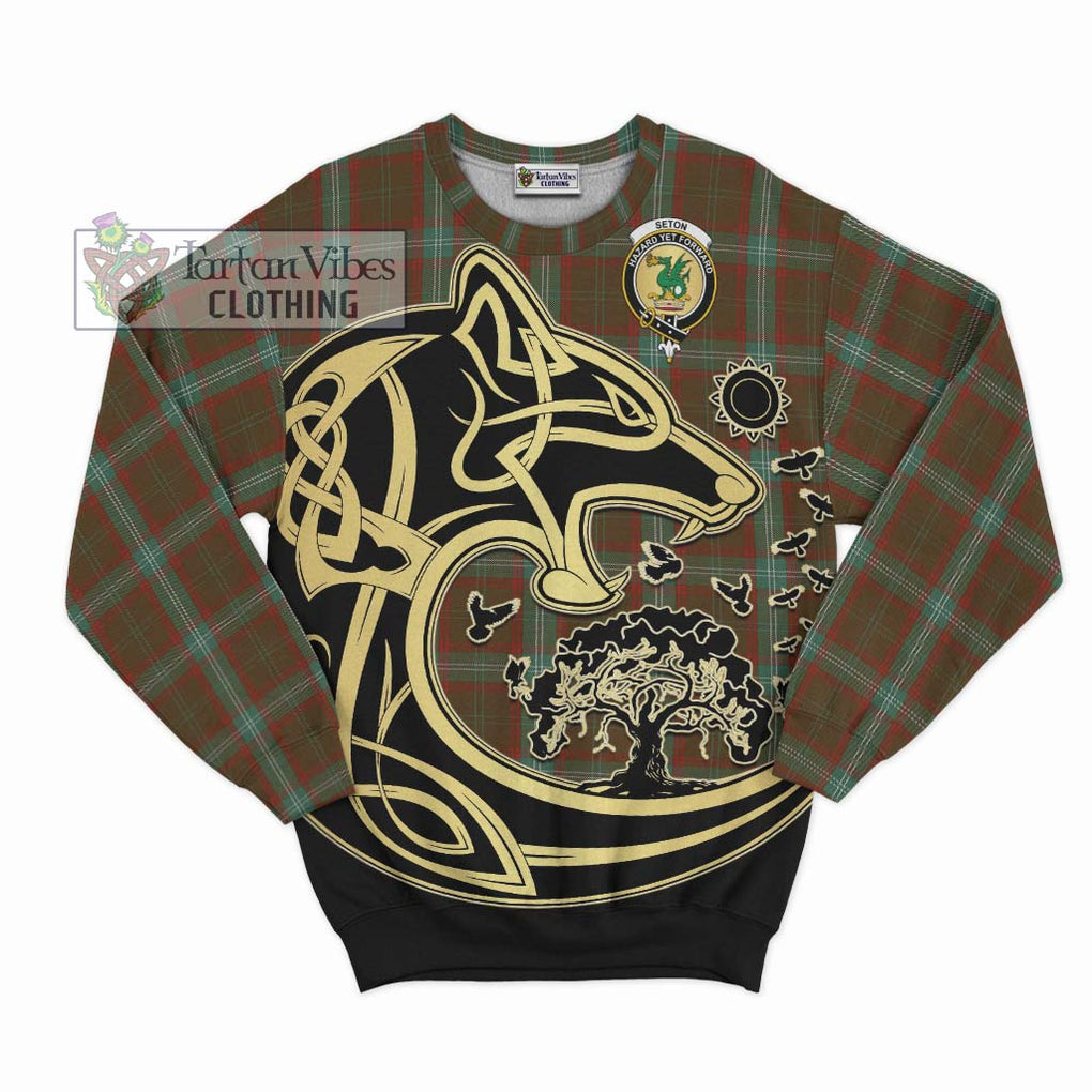 Seton Hunting Tartan Sweatshirt with Family Crest Celtic Wolf Style - Tartan Vibes Clothing