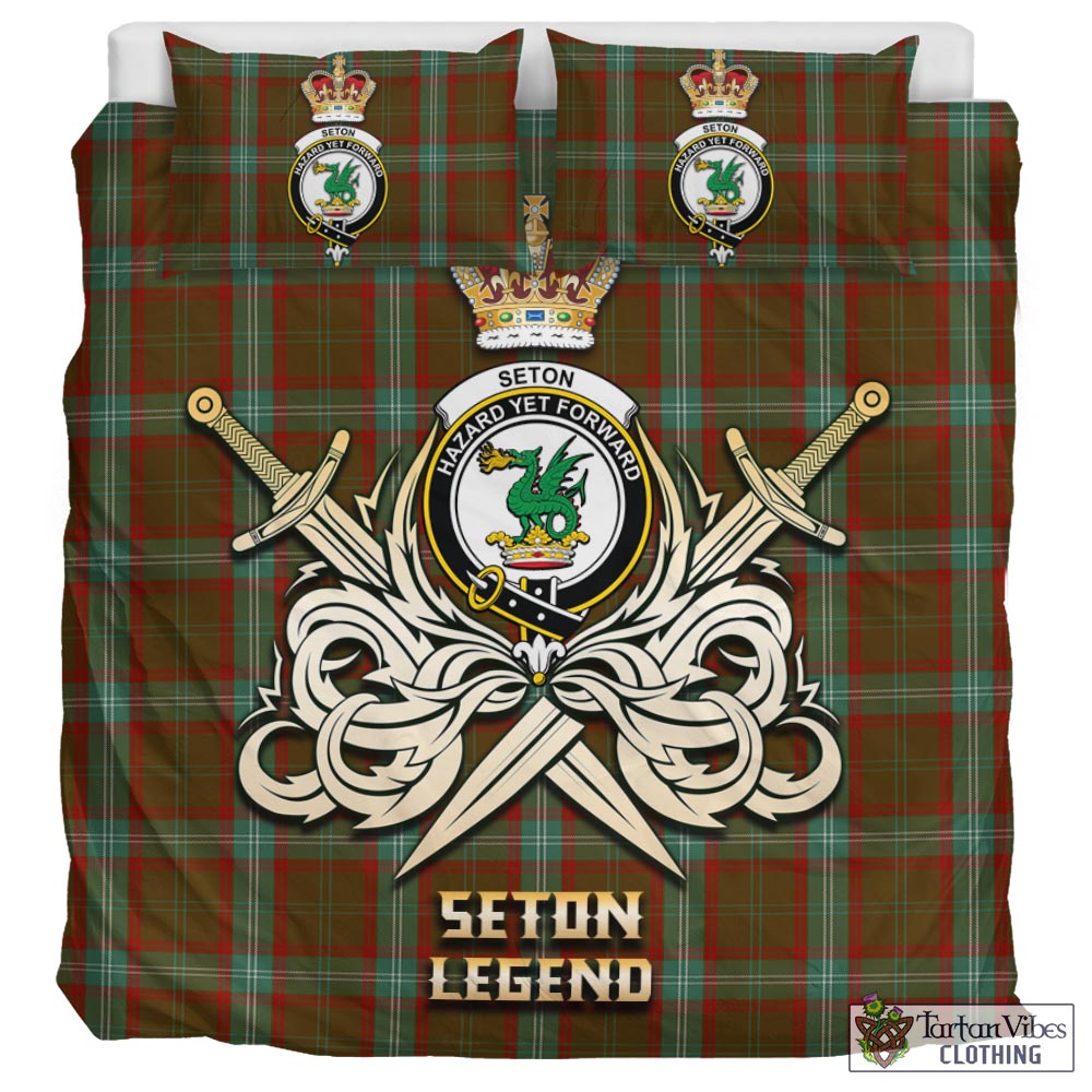 Tartan Vibes Clothing Seton Hunting Tartan Bedding Set with Clan Crest and the Golden Sword of Courageous Legacy