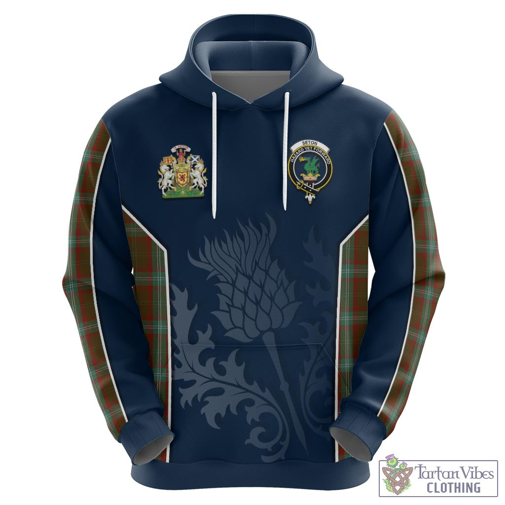 Tartan Vibes Clothing Seton Hunting Tartan Hoodie with Family Crest and Scottish Thistle Vibes Sport Style