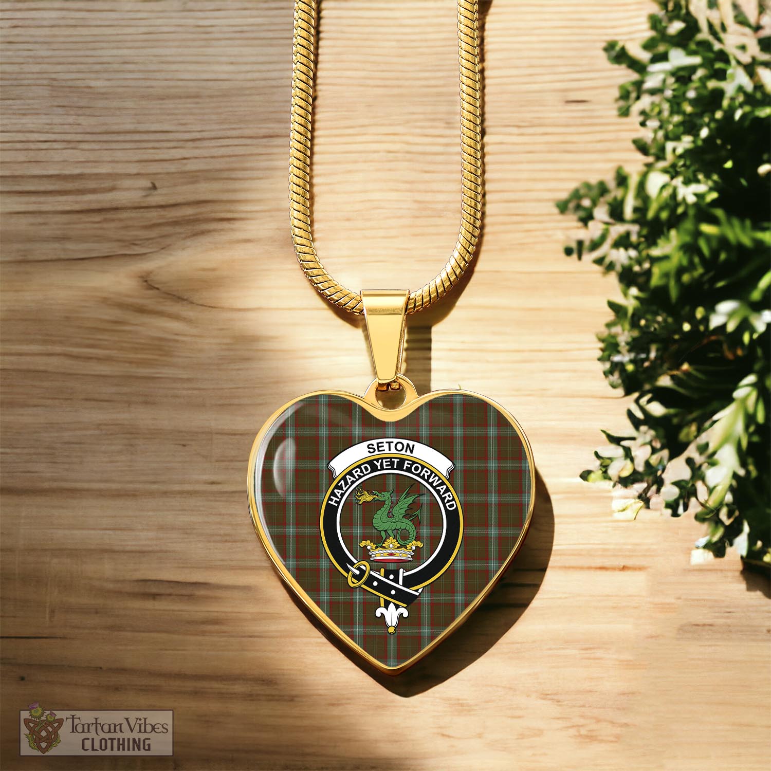 Tartan Vibes Clothing Seton Hunting Tartan Heart Necklace with Family Crest