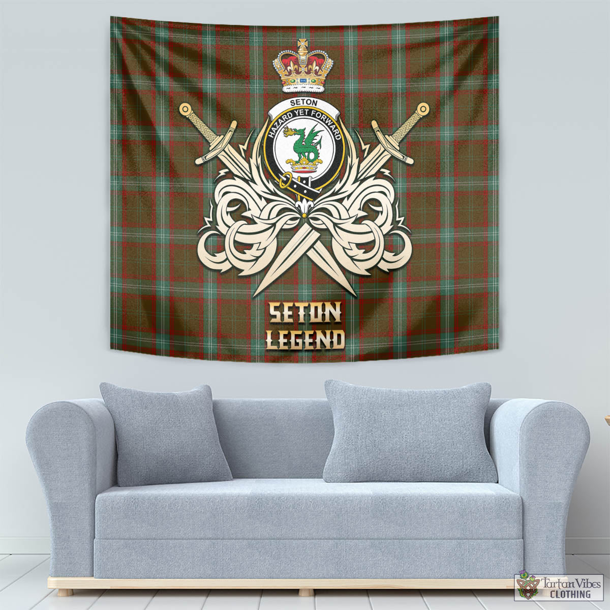 Tartan Vibes Clothing Seton Hunting Tartan Tapestry with Clan Crest and the Golden Sword of Courageous Legacy