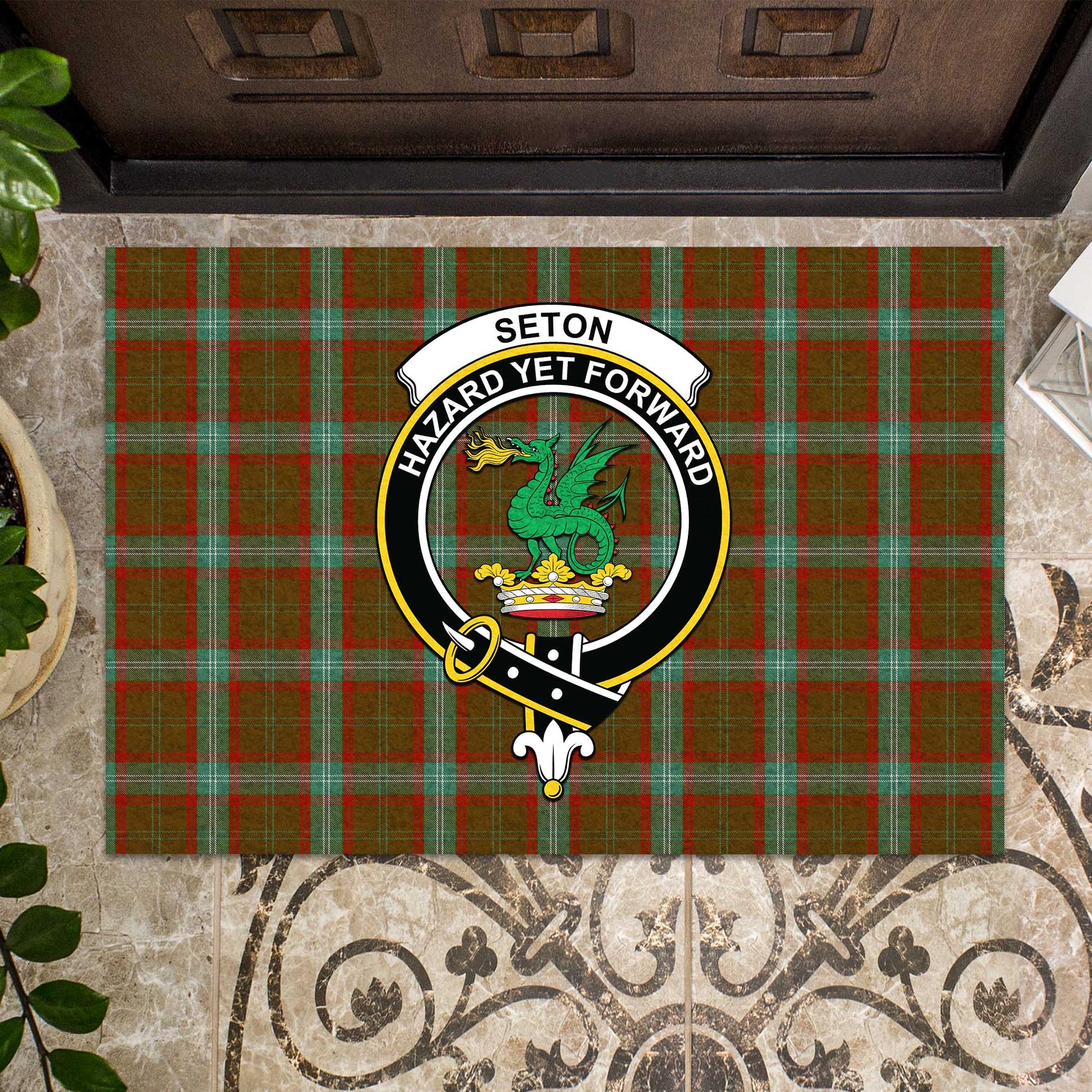 Seton Hunting Tartan Door Mat with Family Crest - Tartanvibesclothing Shop