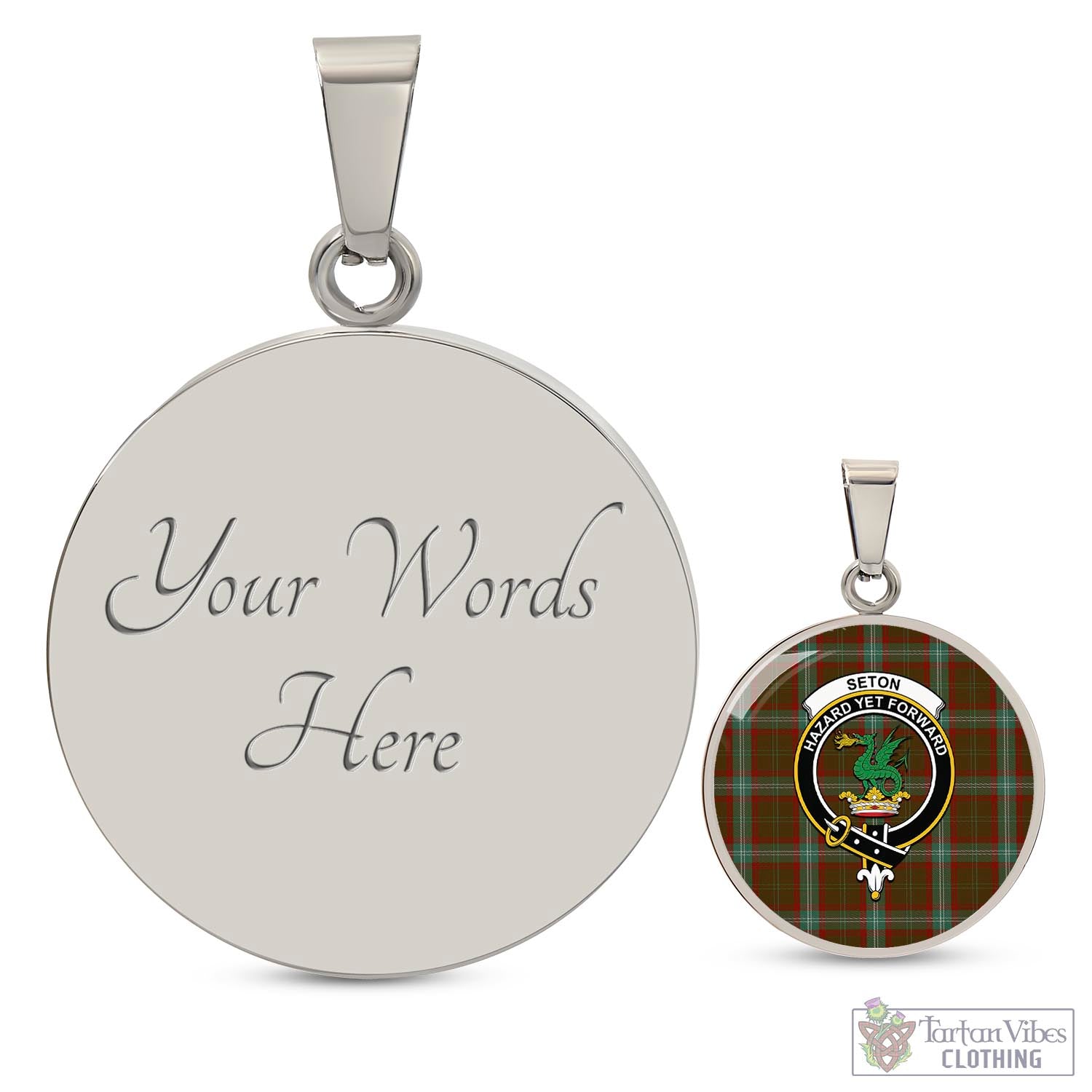 Tartan Vibes Clothing Seton Hunting Tartan Circle Necklace with Family Crest