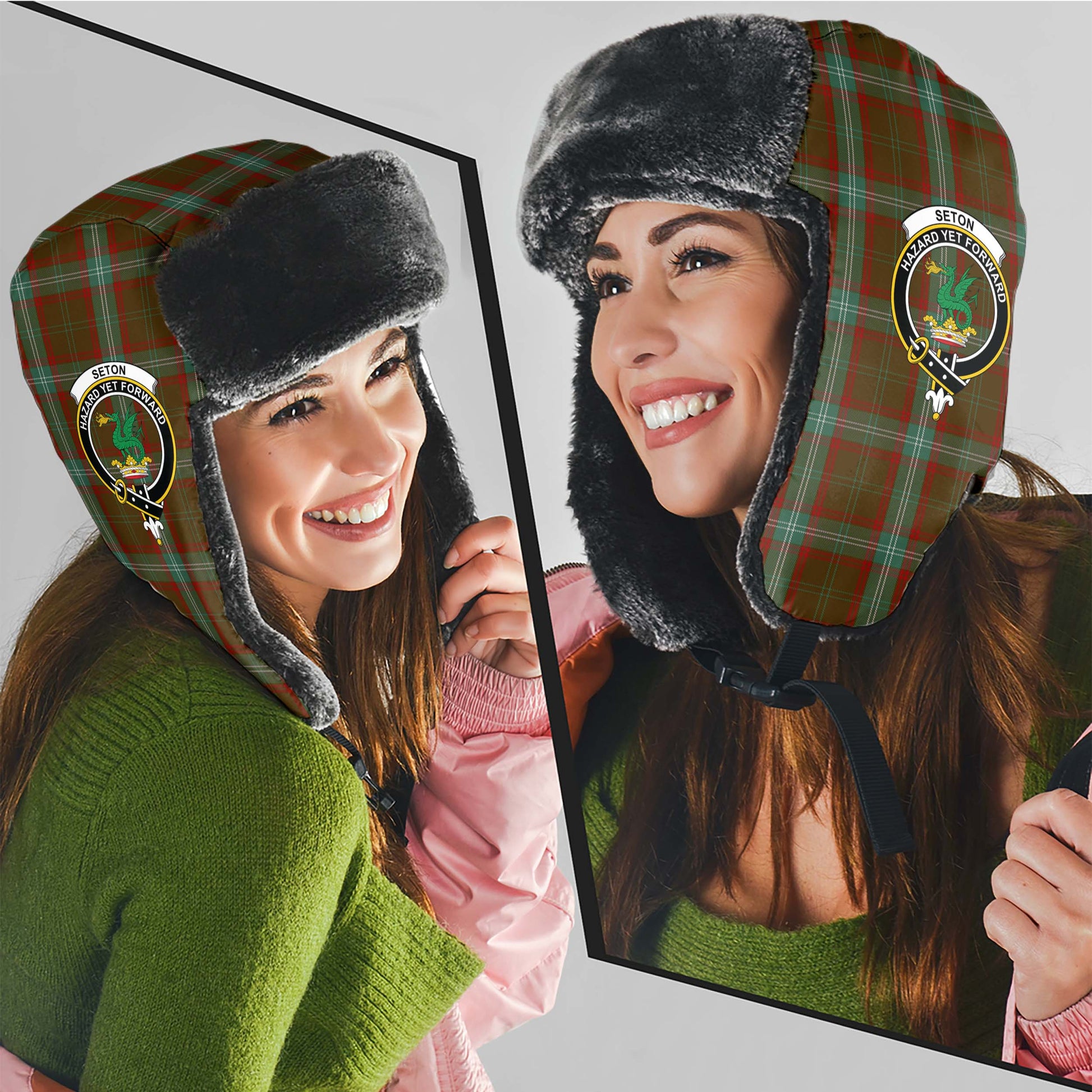 Seton Hunting Tartan Winter Trapper Hat with Family Crest - Tartanvibesclothing