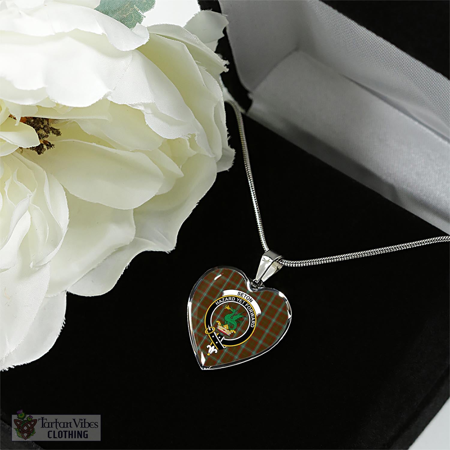 Tartan Vibes Clothing Seton Hunting Tartan Heart Necklace with Family Crest