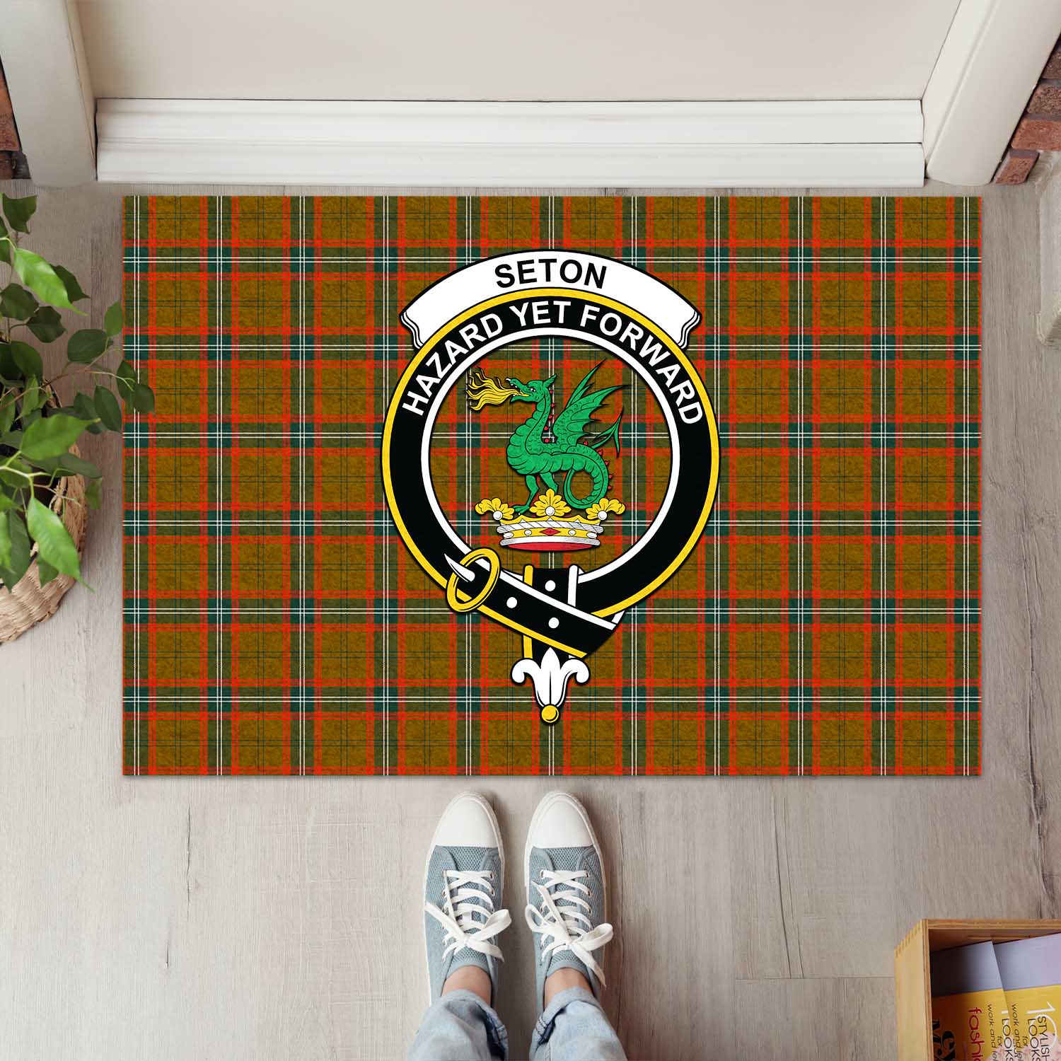 Seton Hunting Modern Tartan Door Mat with Family Crest - Tartanvibesclothing Shop