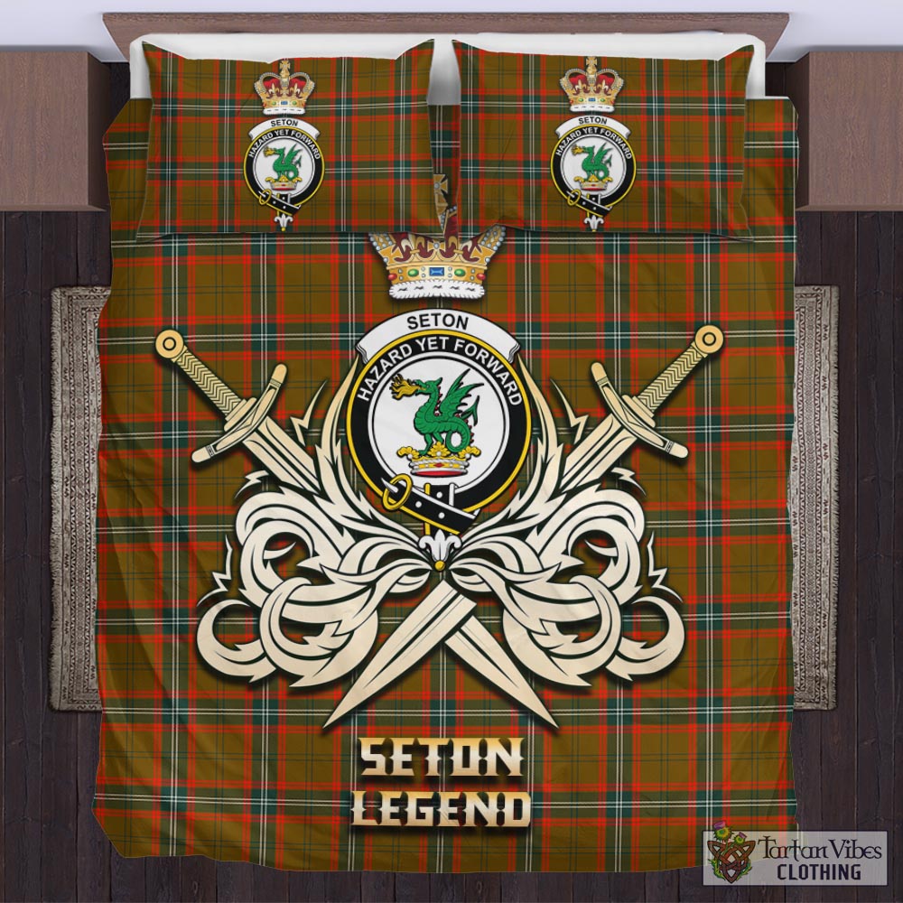 Tartan Vibes Clothing Seton Hunting Modern Tartan Bedding Set with Clan Crest and the Golden Sword of Courageous Legacy