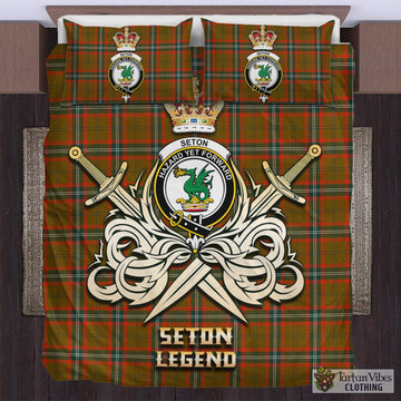 Seton Hunting Modern Tartan Bedding Set with Clan Crest and the Golden Sword of Courageous Legacy