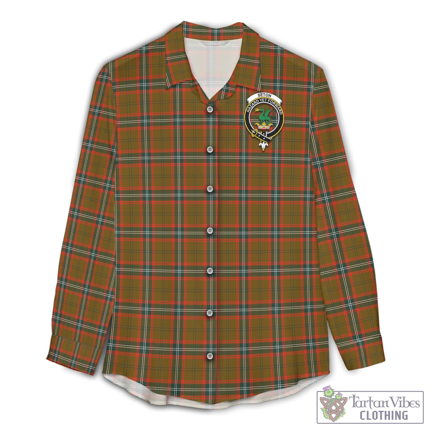 Tartan Vibes Clothing Seton Hunting Modern Tartan Womens Casual Shirt with Family Crest