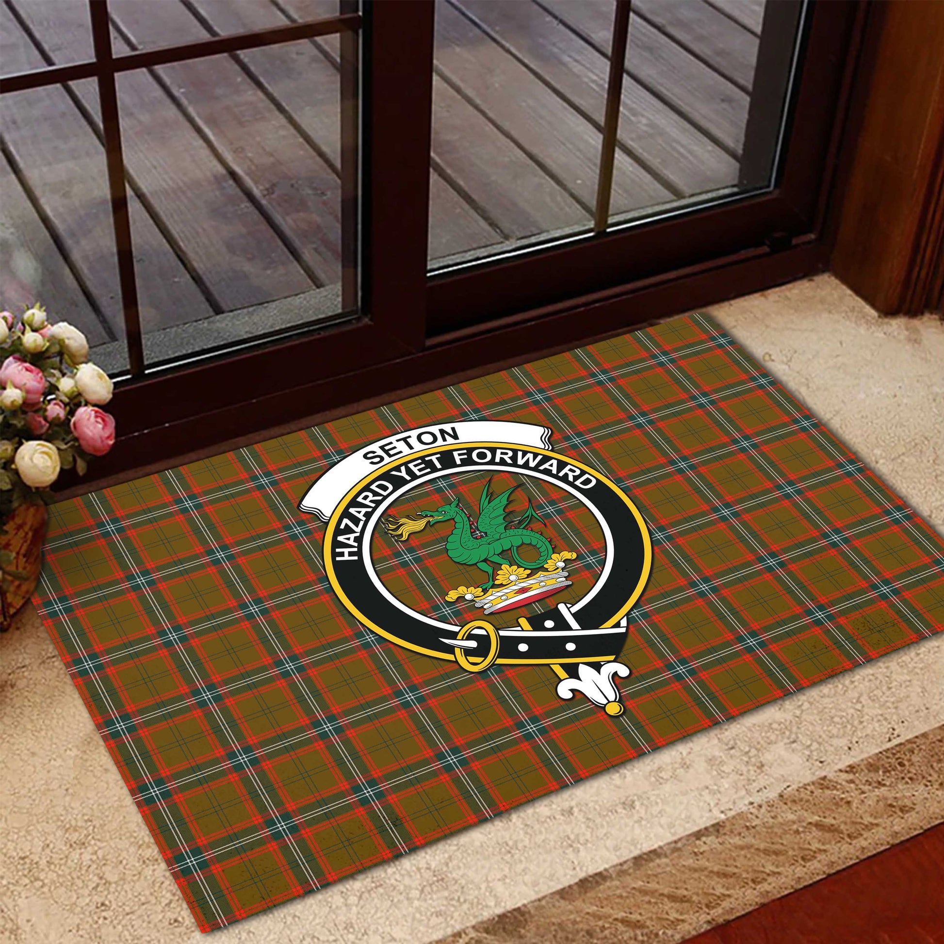 Seton Hunting Modern Tartan Door Mat with Family Crest - Tartanvibesclothing Shop