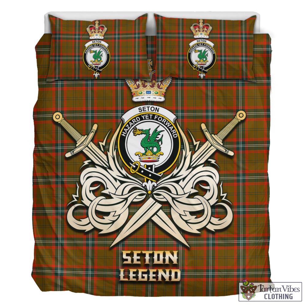 Tartan Vibes Clothing Seton Hunting Modern Tartan Bedding Set with Clan Crest and the Golden Sword of Courageous Legacy