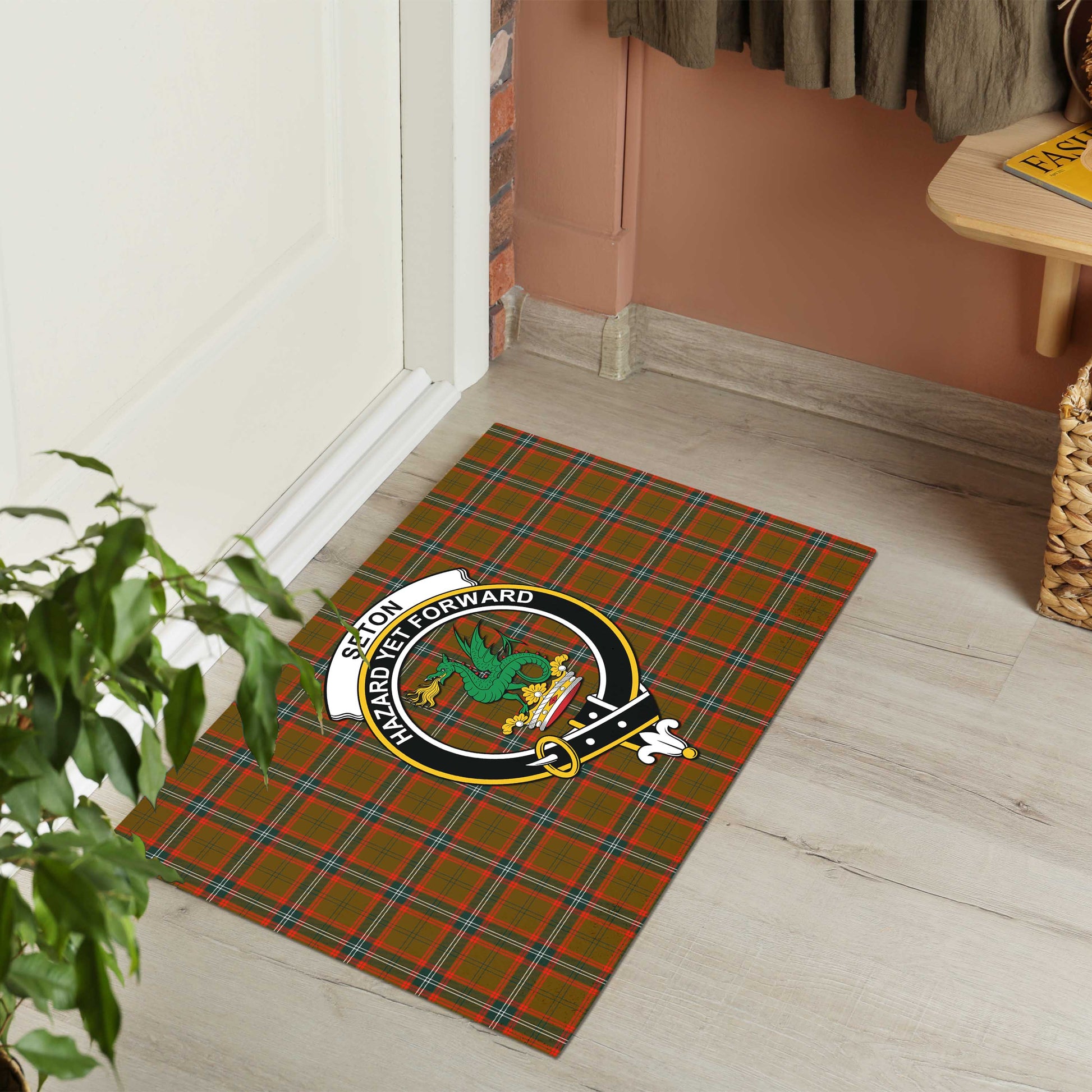 Seton Hunting Modern Tartan Door Mat with Family Crest - Tartanvibesclothing Shop