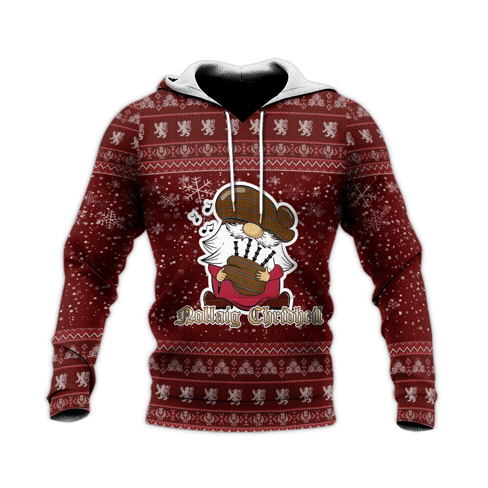 Seton Hunting Modern Clan Christmas Knitted Hoodie with Funny Gnome Playing Bagpipes - Tartanvibesclothing