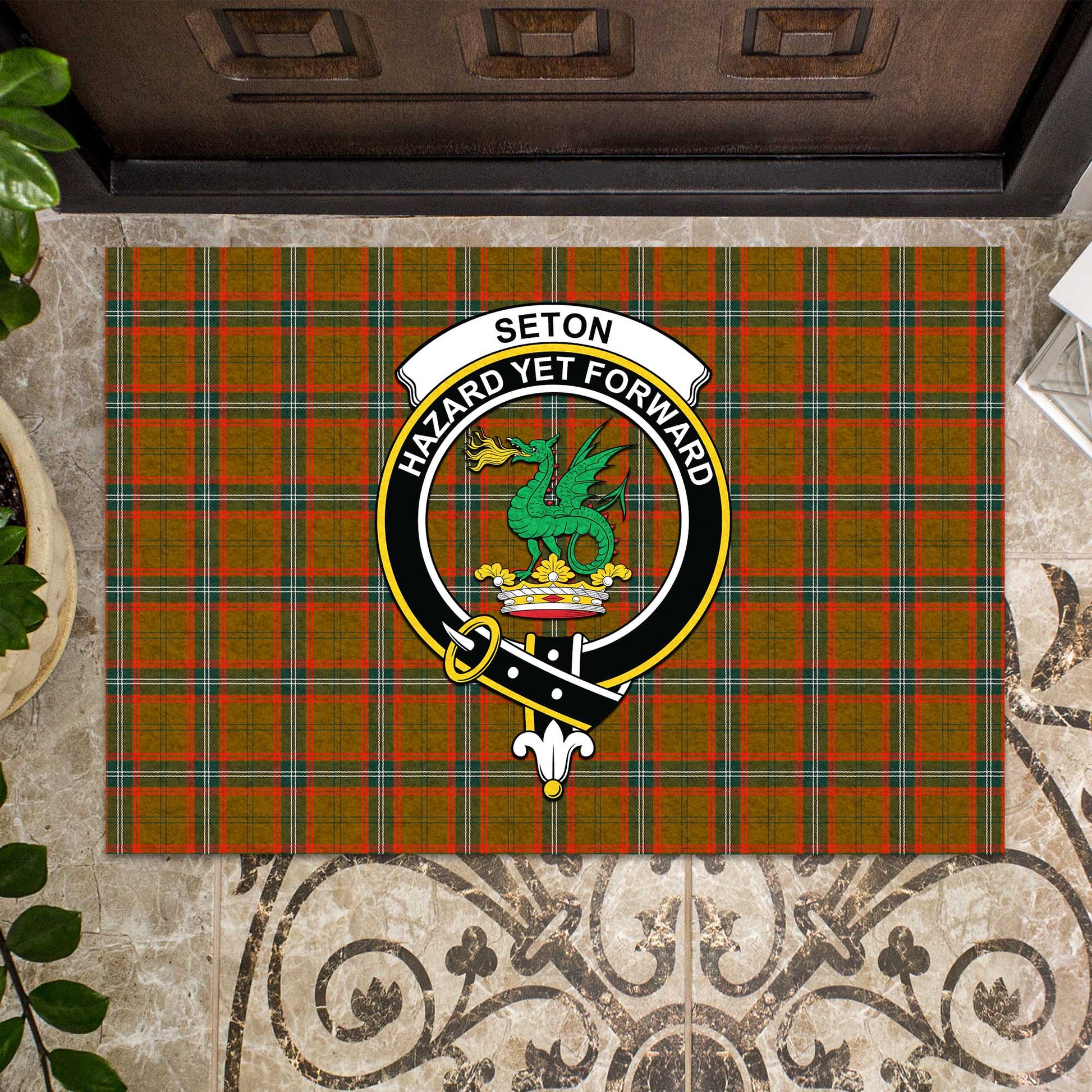 Seton Hunting Modern Tartan Door Mat with Family Crest - Tartanvibesclothing Shop