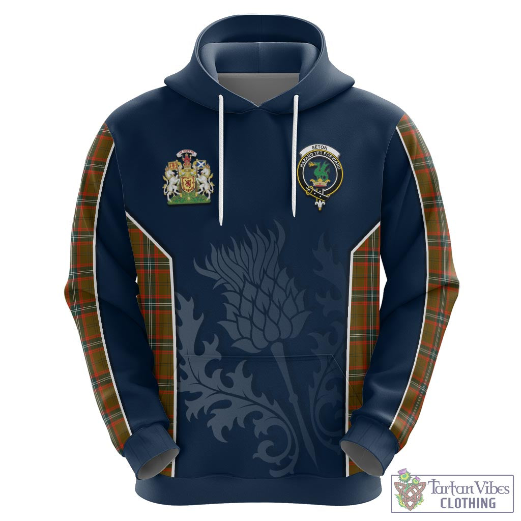 Tartan Vibes Clothing Seton Hunting Modern Tartan Hoodie with Family Crest and Scottish Thistle Vibes Sport Style