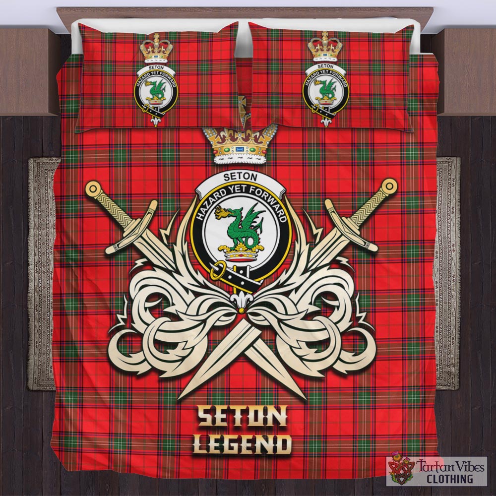 Tartan Vibes Clothing Seton Modern Tartan Bedding Set with Clan Crest and the Golden Sword of Courageous Legacy